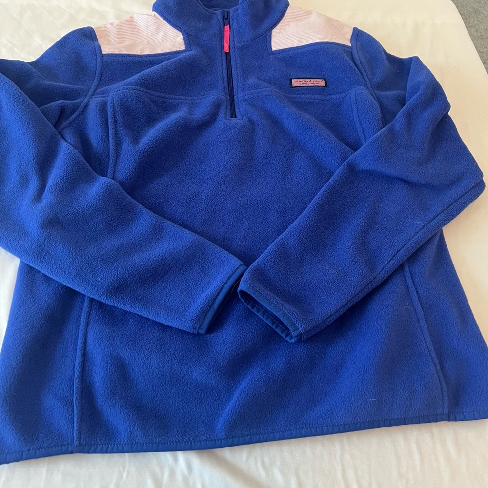 Vineyard Vines Quarter Zip Blue Fleece with Pink Stripped Detail on Shoulders